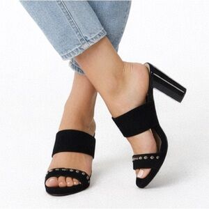 Arturo Chiang Black Suede Studded Block Heel Mules Women’s Size 8.5M